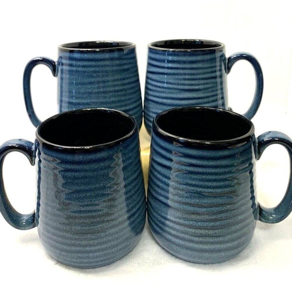 Set Of 4 Hasense Ceramic Coffee Mug Set 15 oz Navy & Black Trim New